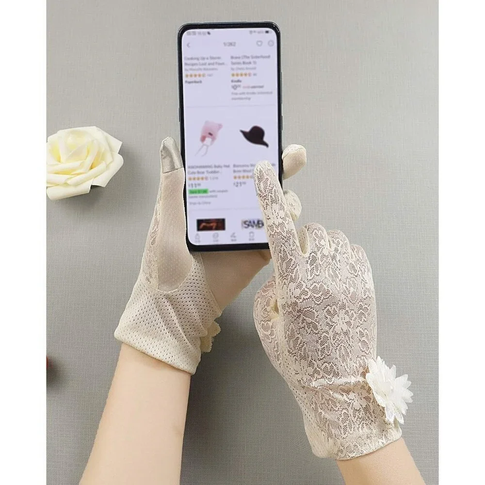 Women's Flower Beige Floral Embroider Lace Gloves Summer Sun Protection